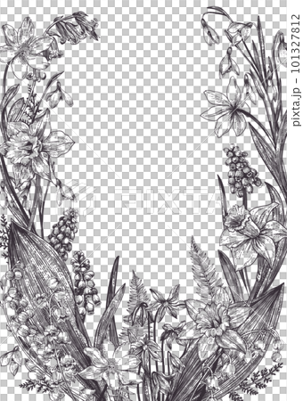 Floral wreath with spring flowers. Vintage botanical illustration. Black and white. Frame with plants isolated on transparent background. 101327812