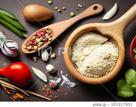 Yeast, vegetables, and exotic ingredients during a Digital Renaissance Feast. Generative AI. 101327952