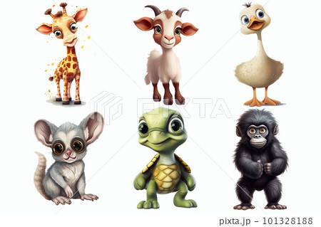 Safari Animal set tortoise, goose, grey mouse lemur, gorilla, goat, giraff in 3d style. Isolated vector illustration 101328188