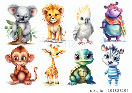 Safari Animal set koala, lion, parrot, hippopotamus, monkey, giraffe, turtle, zebra in 3d style. Isolated vector illustration 101328192