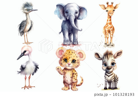 Safari Animal set zebra, giraffe, leopard, japanese crane, elephant, heron in 3d style. Isolated vector illustration 101328193