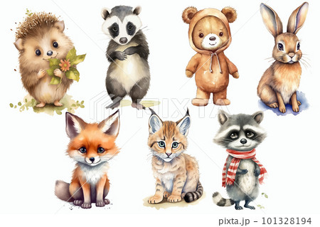 Safari Animal set fox, raccoon, lynx, hedgehog, badger, hare, bear in 3d style. Isolated vector illustration 101328194