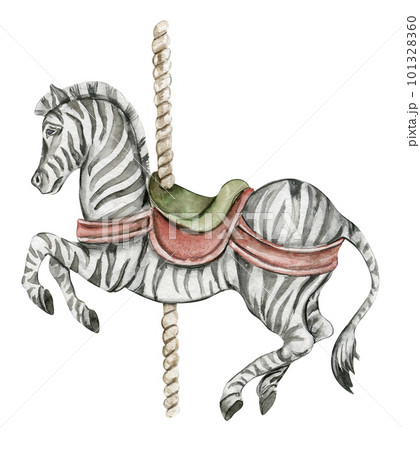 Watercolor hand drawn circus zebra vintage style. Perfect for wedding, invitations, blogs, card templates, birthday and baby cards, patterns, quotes. isolater on white background.Cute circus animals . 101328360