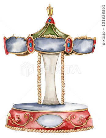 Watercolor illustration of a carousel vintage style. Perfect for wedding, invitations, blogs, card templates, birthday and baby cards, patterns, quotes. isolater on white background.Cute circus animal 101328361