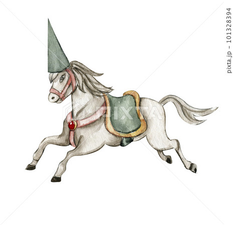 Watercolor hand drawn circus white horse on the white background. Horse illustration. Watercolor painting of a galloping horse. Perfect for greetings card, poster, invitation and party decoration. 101328394