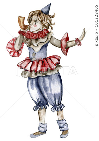 Watercolor hand drawn circus clown vintage style. Perfect for wedding, invitations, blogs, card templates, birthday and baby cards, patterns, quotes. isolater on white background.Cute circus animals. 101328405