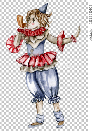 Watercolor hand drawn circus clown vintage style. Perfect for wedding, invitations, blogs, card templates, birthday and baby cards, patterns, quotes. isolater on white background.Cute circus animals. 101328405