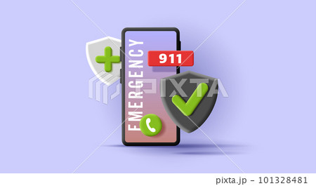 3d render illustration of a smartphone with emergency police number and call button with shield for protaction and medical help 101328481