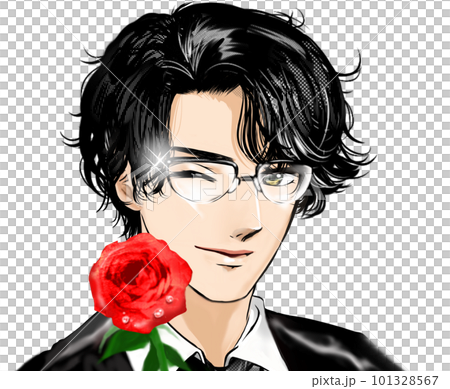赤い薔薇の花を片手にウィンクで誘う黒髪パーマ眼鏡イケメン男子の少女漫画風ポートレートイラスト 101328567