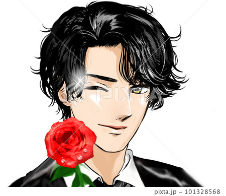 赤い薔薇の花を片手にウィンクと指ハートで誘う黒髪パーマイケメン男子の少女漫画風ポートレートイラスト 赤い薔薇の花を片手にウィンクと指ハートで誘う黒髪パーマイケメン男子の少女漫画風ポートレートイラスト 101328568