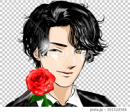 赤い薔薇の花を片手にウィンクと指ハートで誘う黒髪パーマイケメン男子の少女漫画風ポートレートイラスト 赤い薔薇の花を片手にウィンクと指ハートで誘う黒髪パーマイケメン男子の少女漫画風ポートレートイラスト 101328568
