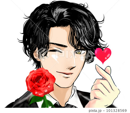 赤い薔薇の花を片手にウィンクと指ハートで誘う黒髪パーマイケメン男子の少女漫画風ポートレートイラスト 101328569