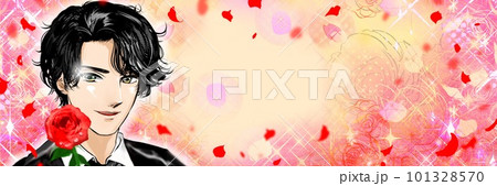 赤い薔薇の花を片手に笑顔で誘う黒髪パーマイケメン男子の少女漫画風ワイドサイズイラスト 101328570