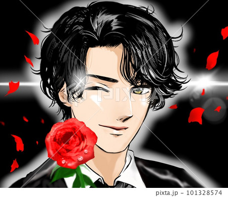 赤い薔薇の花を片手にウィンクで誘う黒髪パーマイケメン男子の少女漫画風ポートレートイラスト 101328574