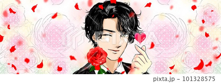 赤い薔薇の花を片手にウィンクと指ハートで誘う黒髪パーマイケメン男子の少女漫画風ワイドサイズイラスト 赤い薔薇の花を片手にウィンクと指ハートで誘う黒髪パーマイケメン男子の少女漫画風ワイドサイズイラスト 101328575