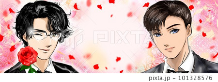 赤い薔薇の花を片手に甘いマスクで誘う黒髪イケメン男子達の少女漫画風ワイドサイズイラストと花吹雪 101328576