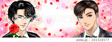 赤い薔薇の花を片手に甘いマスクで誘う黒髪イケメン男子達の少女漫画風ワイドサイズイラストと花吹雪 101328577