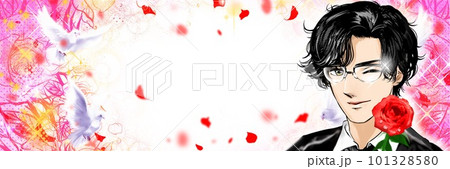 赤い薔薇の花を片手に甘いマスクで誘う黒髪パーマ眼鏡イケメンの少女漫画風ワイドサイズイラストと花吹雪 101328580