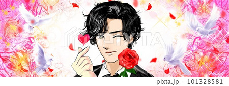 赤い薔薇の花を片手にウィンクと指ハートで誘う黒髪パーマイケメン男子の少女漫画風ワイドサイズイラスト 101328581