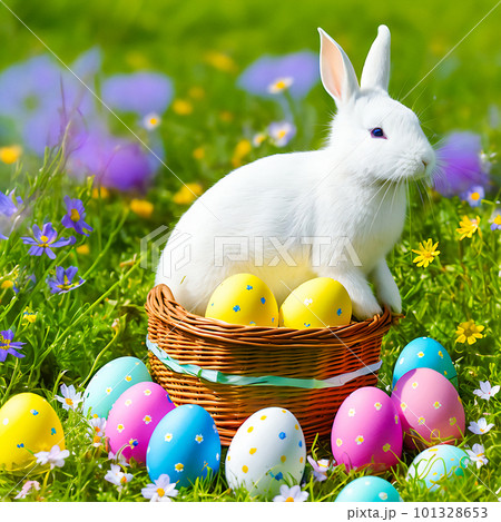 An Easter hare on a summer meadow with colored eggs. 101328653