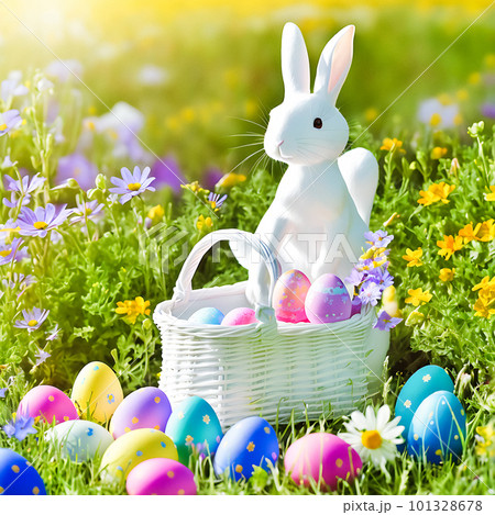 An Easter hare on a summer meadow with colored eggs. 101328678
