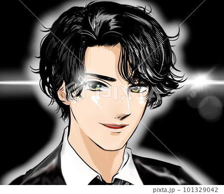 甘いマスクで誘う黒髪パーマイケメン男子の少女漫画風ポートレートイラスト黒背景 甘いマスクで誘う黒髪パーマイケメン男子の少女漫画風ポートレートイラスト黒背景 101329042