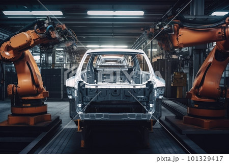 robot, welding part on car chassis, in automotive factory, created with generative ai 101329417