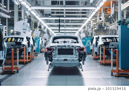 automotive factory, with cars being manufactured and tested on the assembly line, created with generative ai 101329418