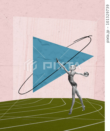 Girl, child, rhythmic gymnast, acrobat training with gymnastic ball against pastel background with abstract design elements. Contemporary art collage. 101329739