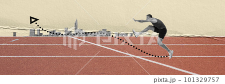 Sportive young man, athlete, runner at stadium, training reaching goal in sport. Speed and endurance. Contemporary art collage. 101329757