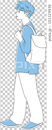 A man with a profile walking with a backpack on his back | Full body, blue color scheme 101329936