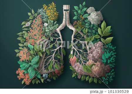 person's lungs, filled with blooming flowers and other greenery, representing a person's journey of recovery from illness, created with generative ai 101330529