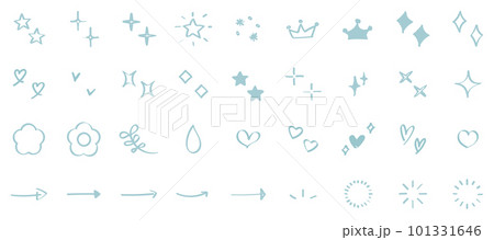 イラスト素材：かわいい手書きのあしらいセット（キラキラ・ハート・花・矢印・太陽）青　緑 101331646