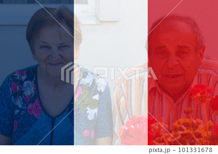Protests France Paris. France flag. Protest in France. Pension reforms. Retirement age. Bastille day. Old 60s woman and man. Out of focus 101331678