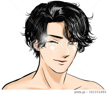 少女漫画風イケメン黒髪パーマの半裸男性がカメラ目線でウィンクするカラーイラスト 101331893