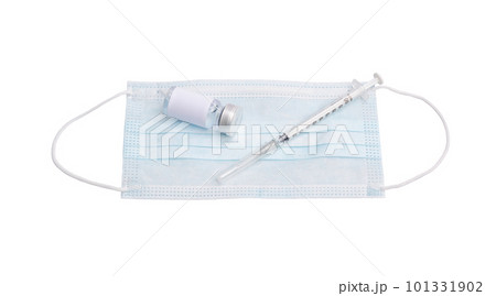 Surgical mask, a bottle of vaccine, and syringe on a white background. 101331902