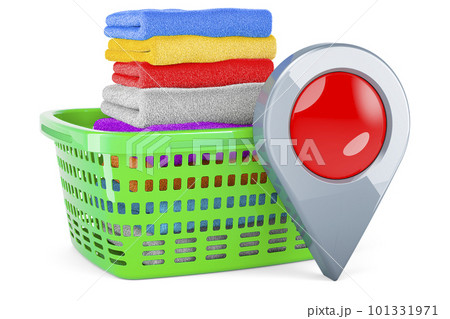 Laundry basket full of clean clothes with map pointer, 3D rendering Laundry basket full of clean clothes with map pointer, 3D rendering 101331971
