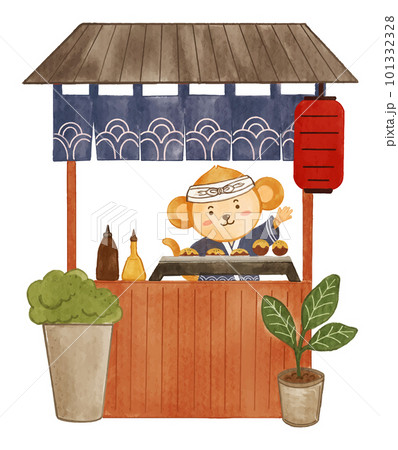 Japanese takoyaki shop with monkey wildlife animals . Realistic watercolor paint with paper textured . Cartoon character design . Vector . Japanese takoyaki shop with monkey wildlife animals . Realistic watercolor paint with paper textured . Cartoon character design . Vector . 101332328