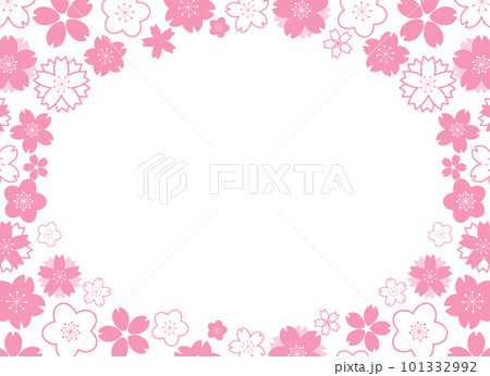 Horizontal frame with flat pink geometrical sakura flowers on white background 101332992