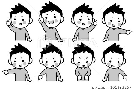 色々な方向を指さす男の子のイラストセット　モノクロ 101333257