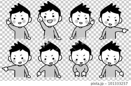 色々な方向を指さす男の子のイラストセット　モノクロ 101333257