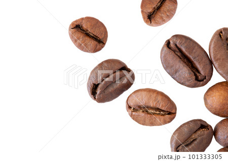Roasted coffee beans on white background, macro, Coffea. Roasted coffee beans on white background, macro, Coffea. 101333305