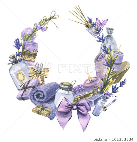 Handmade cosmetics with lavender and candles for bath, sauna, SPA, body and face care. Watercolor illustration on white background isolated. Empty round frame, template for your text and information Handmade cosmetics with lavender and candles for bath, sauna, SPA, body and face care. Watercolor illustration on white background isolated. Empty round frame, template for your text and information 101333334