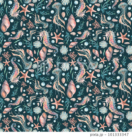 Underwater world with seahorses, jellyfish, shells, corals and starfish. Watercolor illustration, hand-drawn on a dark background. Seamless pattern for fabric, textile, wallpaper, packaging. Underwater world with seahorses, jellyfish, shells, corals and starfish. Watercolor illustration, hand-drawn on a dark background. Seamless pattern for fabric, textile, wallpaper, packaging. 101333347