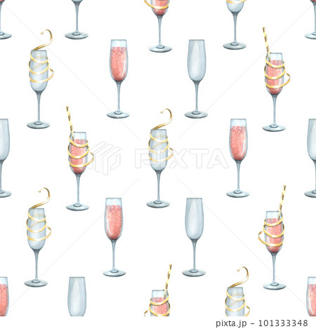 Glasses with pink champagne wine, with cocktail tubes and festive ribbons on a white background. Hand-drawn watercolor illustration. Seamless pattern for packaging, wrapping paper and congratulations 101333348