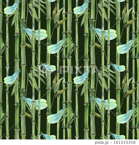 Bamboo forest with stems, leaves and branches, with blue dragonflies on a dark background. Hand-drawn watercolor illustration. Seamless pattern for fabric, textile, wallpapers, prints, packaging. 101333358