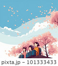 桜並木をバックに旅立つ若者 101333433