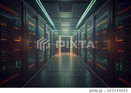 Corridor in Working Data Center Full of Rack Servers and Supercomputers with Internet connection Visualization Projection Corridor in Working Data Center Full of Rack Servers and Supercomputers with Internet connection Visualization Projection 101334033