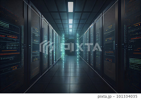 Corridor in Working Data Center Full of Rack Servers and Supercomputers with Internet connection Visualization Projection Corridor in Working Data Center Full of Rack Servers and Supercomputers with Internet connection Visualization Projection 101334035