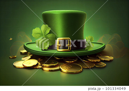 St. Patrick's card with two green leaf, a green hat and piles of gold coins 101334049